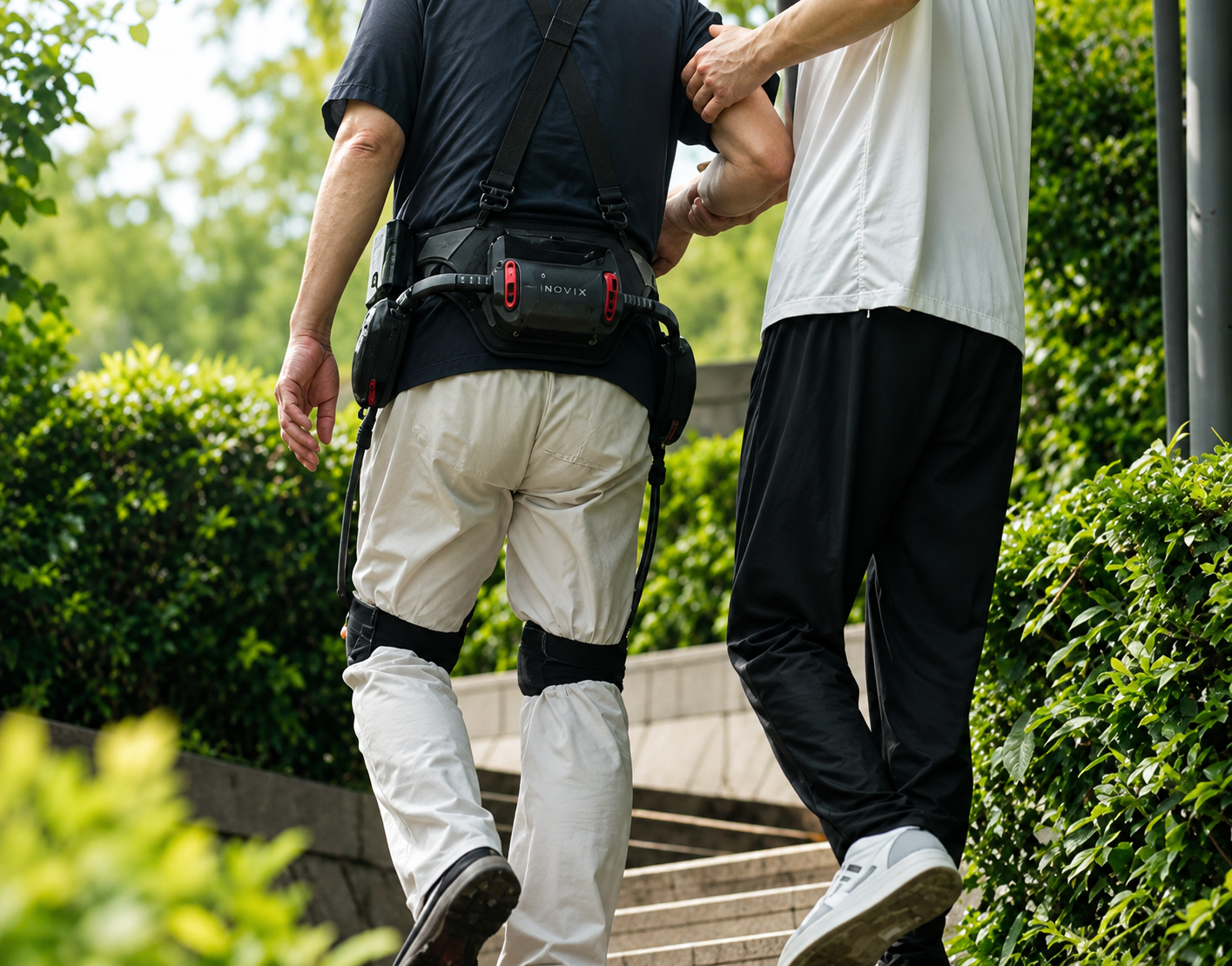 Persona usando ExoWalk PRO con ayuda en unas escaleras