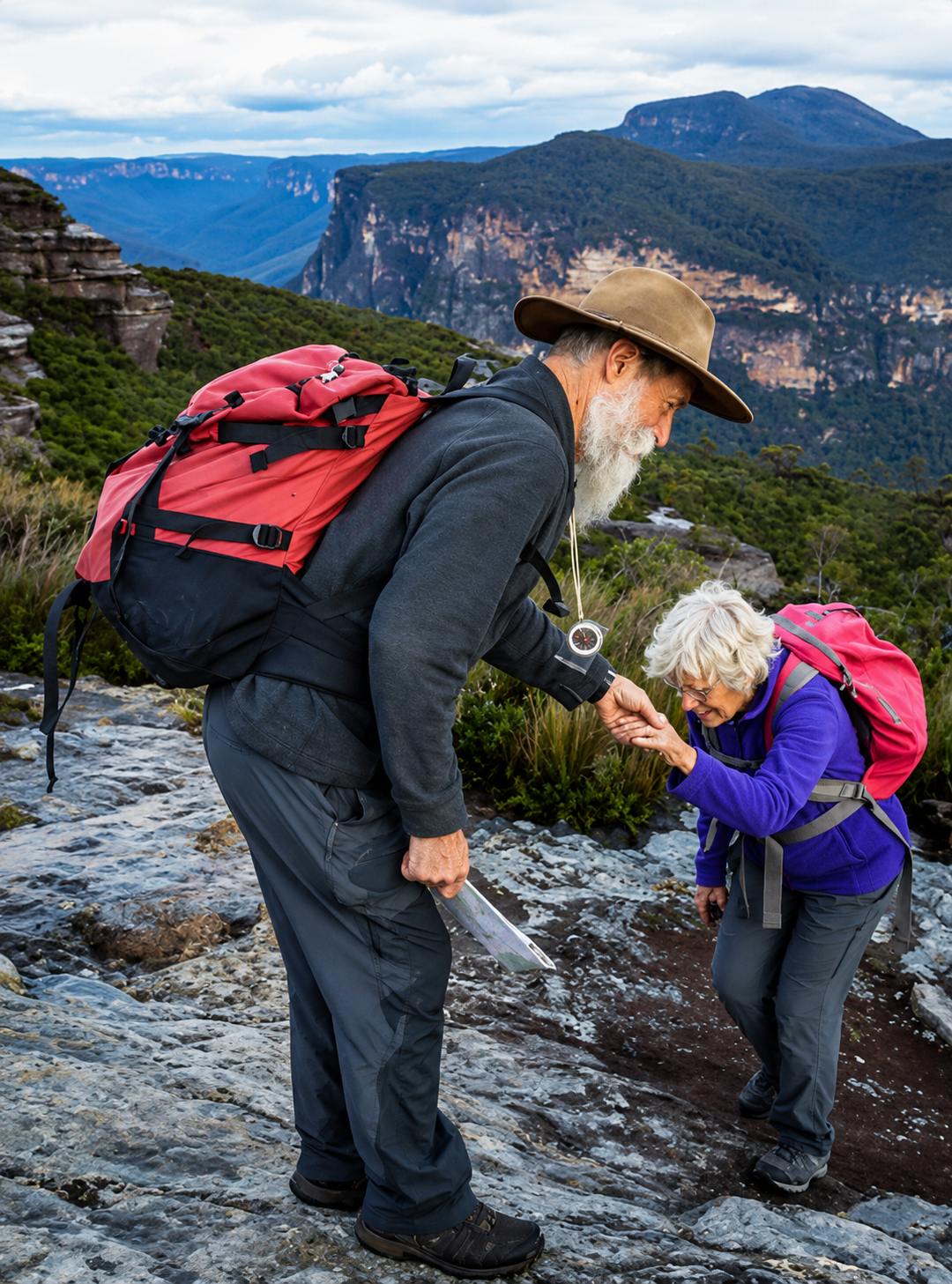 Pareja mayor caminando en la montaña con ExoWalk PRO